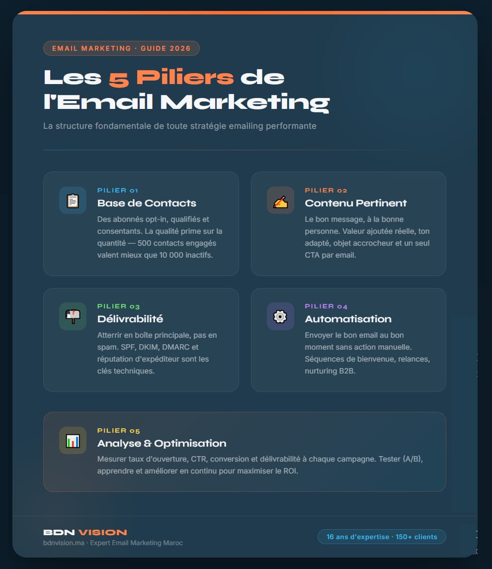 infographie email marketing 5 piliers strat&eacute;gie BDN VISION Maroc